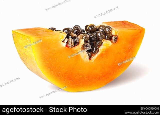 Small piece of ripe papaya rotated isolated on white background