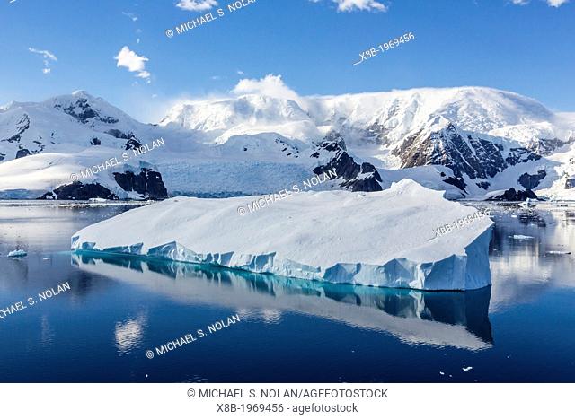 Snow-capped mountains in the Errera Channel on the western side of the Antarctic Peninsula, Southern Ocean