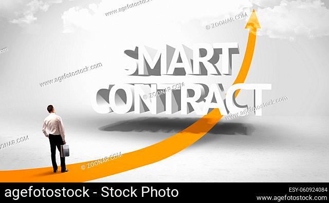 Rear view of a businessman standing in front of SMART CONTRACT inscription, successful business concept