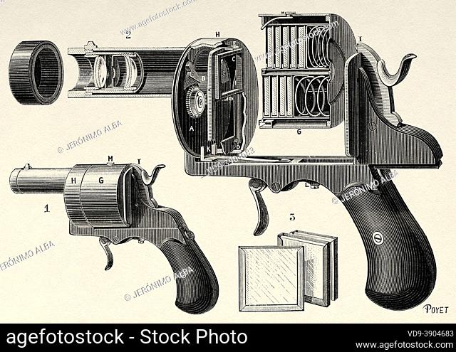 The Photo-Revolver de Poche. Theophile-Ernest Enjalbert produced a camera in the shape of a revolver in Paris, France. Europe