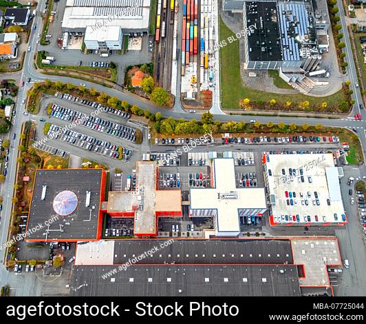 Aerial shots, Denninghaus & Co. Limited partnership forwarding agency & logistics, Kik Textilien und Non-Food GmbH, old field, Bönen, Ruhr area