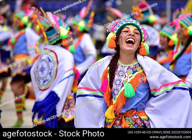 Cultural groups from pasto and other municipalities of Nariño perform traditional dances at the Carnival of Blancos Y Negros on January 3