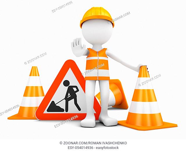 Road worker and traffic sign with cones. 3d rendering