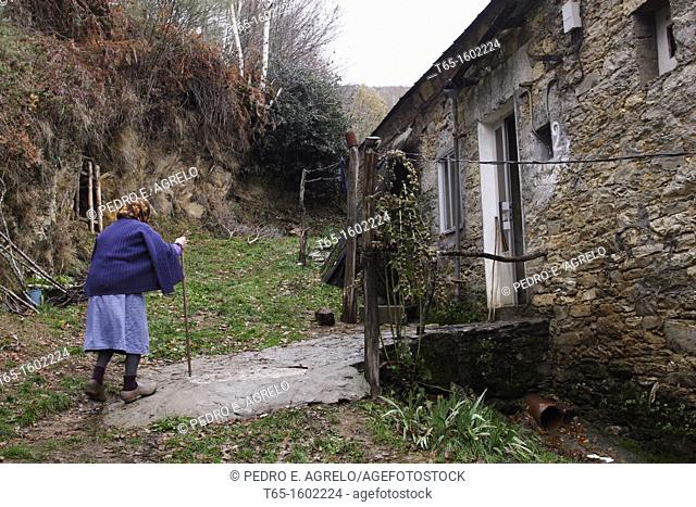 Old woman entering her house in the Serra do Courel afther gathering firewood for the winter. Note the typical wooden clogs used as protection