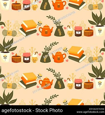 Hygge Autumn and winter pattern border design. Cute and cosy vector seamless repeat banner. Illustration of scarfs, mittens, coffee