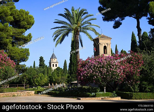 Jardins del Paraiso garden with church of Santa Maria de Alhambra, Granada, Andalusia, Spain