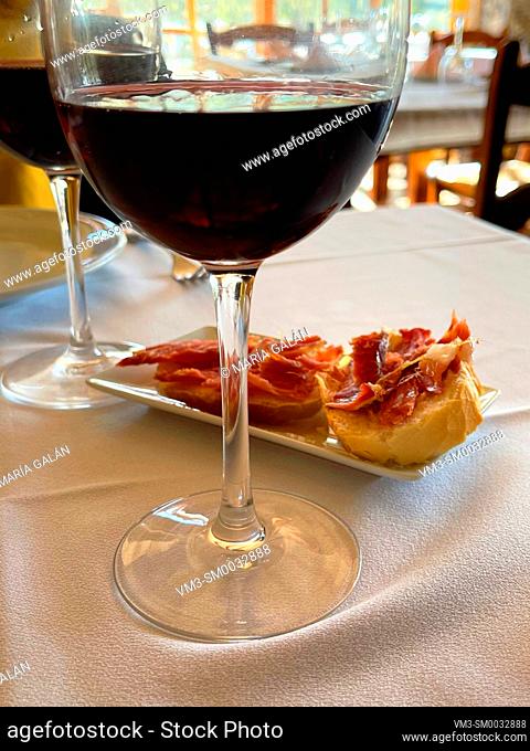 Glasses of red wine with tapa. Spain