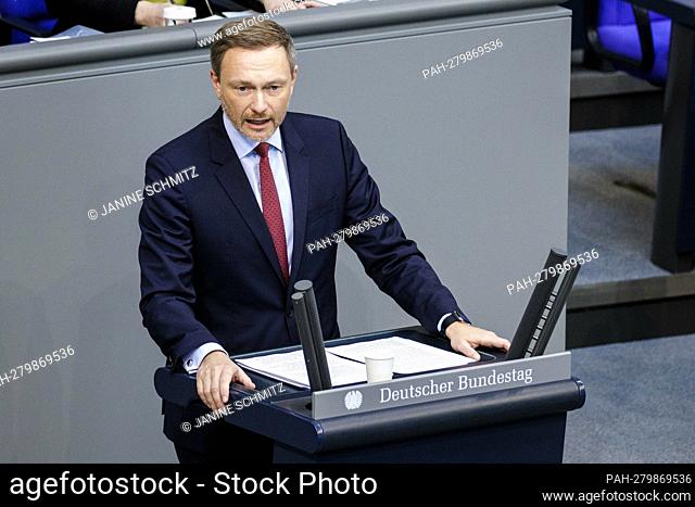 Christian Lindner (FDP), Federal Minister of Finance, recorded during his speech on introducing the Budget Act 2022 at the 23rd session of the German Bundestag