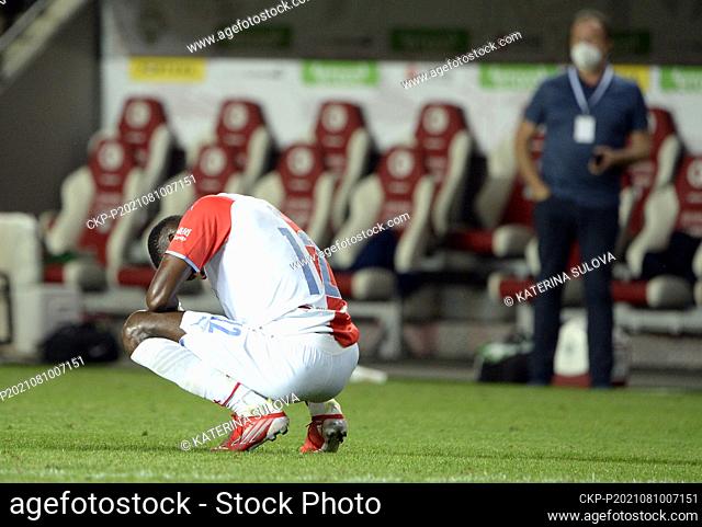Abdallah Sima of Slavia reacts after the soccer Champions League 3rd qualifying round return match Slavia Praha vs Ferencvaros Budapest in Prague