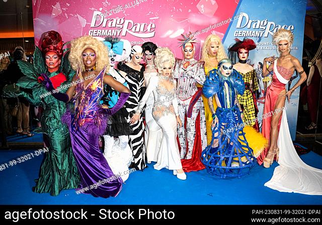 31 August 2023, Berlin: The cast of the show poses on the carpet before the premiere of the ""Drag Race Germany"" TV competition