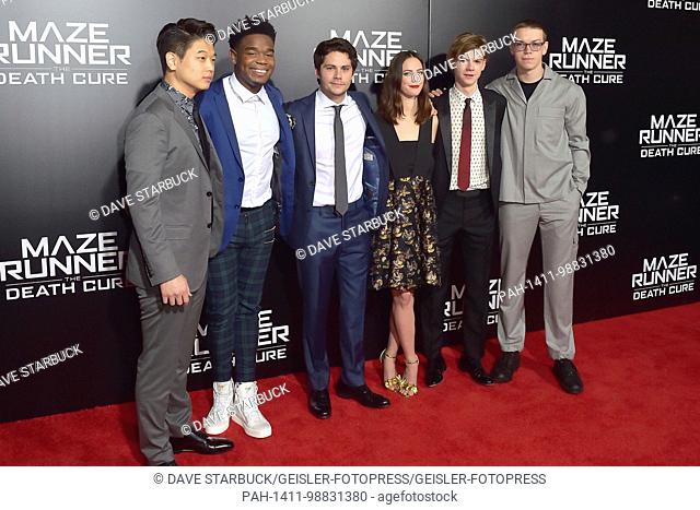 Ki Hong Lee, Dexter Darden, Dylan O'Brien, Kaya Scodelario, Thomas Brodie-Sangster and Will Poulter attend the fan screening of 20th Century Fox's 'Maze Runner:...