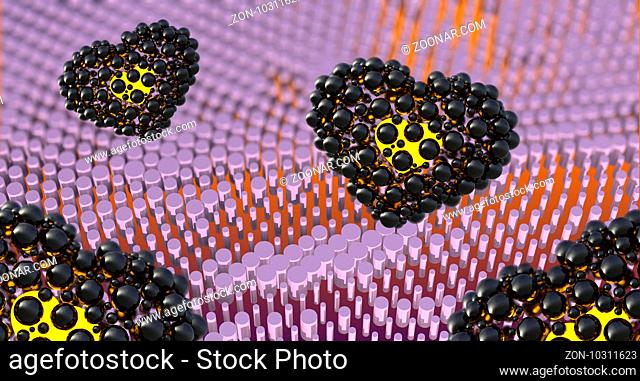 black hearts made of spheres with reflections and flying over cylindrical abstract bacground. Happy valentines day 3d illustration