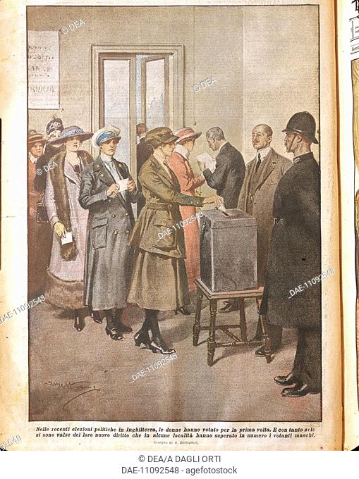 Political elections in England: Women voting for the first time. Illustrator Achille Beltrame (1871-1945), from La Domenica del Corriere, 20th century