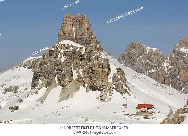 Mountain hut beneath the Drei Zinnen or Tre Cime di Lavaredo or Three Peaks of Lavaredo, High Puster Valley or Alto Pusteria, Bolzano-Bozen, Dolomite Alps