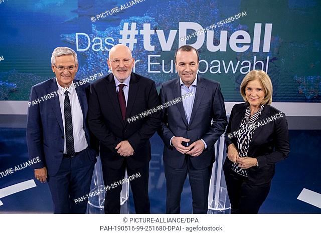 16 May 2019, Berlin: Peter Frey (l-r), Editor-in-Chief of ZDF, Frans Timmermans, leading SPE candidate for the European elections, Manfred Weber (CSU)