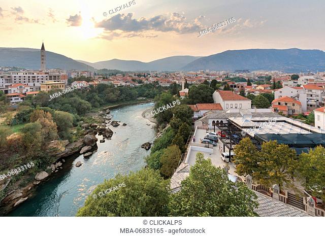 Elevated view of Mostar with the bell tower of the Saint Peter and Paul Franciscan Monastery and Church, Bosnia and Herzegovina