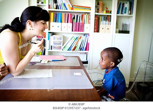 A feature shot at a speech therapist's office in Noisy-le-Grand 93. Godwin, aged 3 years and 8 months, is given an assessment test