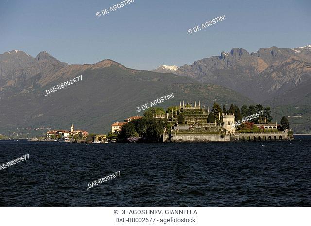 View of the garden of Isola Bella from the lakefront of Stresa, Lake Maggiore, Piedmont, Italy