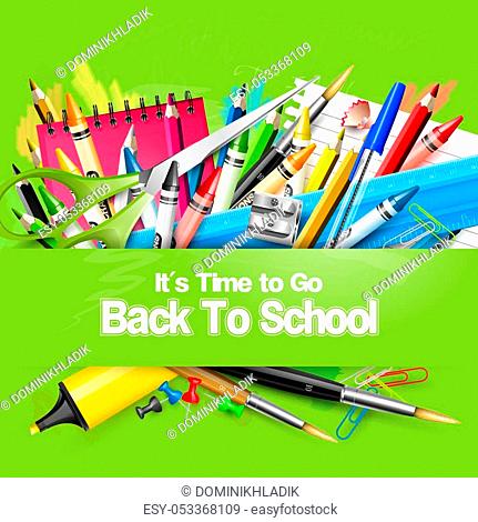 It's Time to Go Back to School. Back to school background with school supplies on green chalkboard