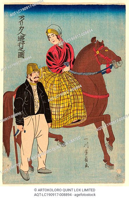 Americans on an Outing (Amerikajin yuko no zu), 1860, Utagawa Yoshikazu, Japanese, active c. 1850–70, Japan, Color woodblock print, oban