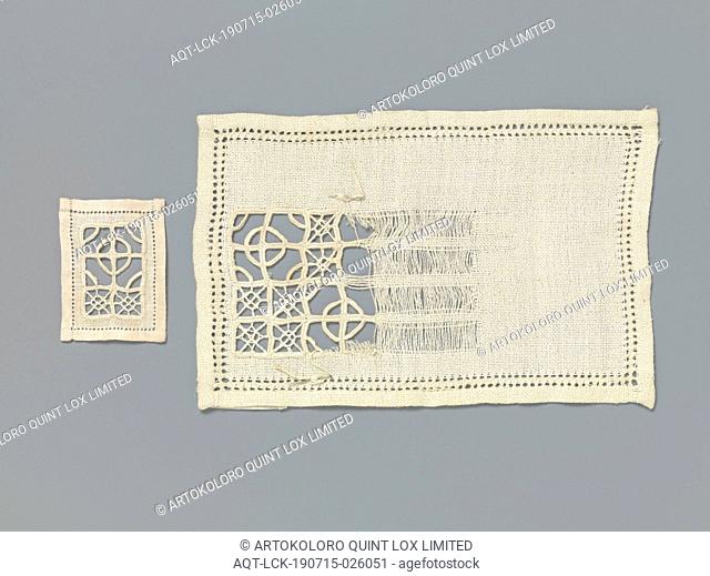 Steel linen with a beginning of cut work with wheels and squares as an example of this technique with matching fragment, Steel natural-colored linen with lace...