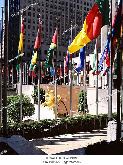 Flags outside the Rockefeller Center, New York City, New York, United States of America USA, North America