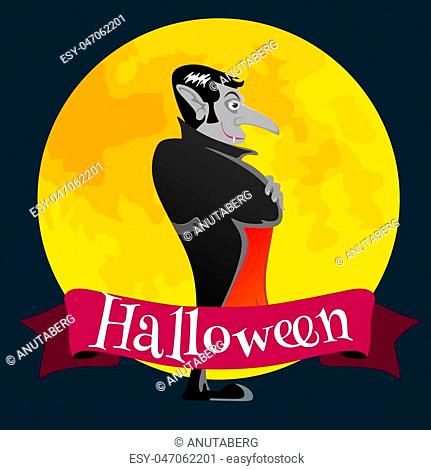 Halloween card with vampire on the full moon, Draculas monster in cloak flat vector illustrations, good for Halloween party invitation or flyer, greeting card