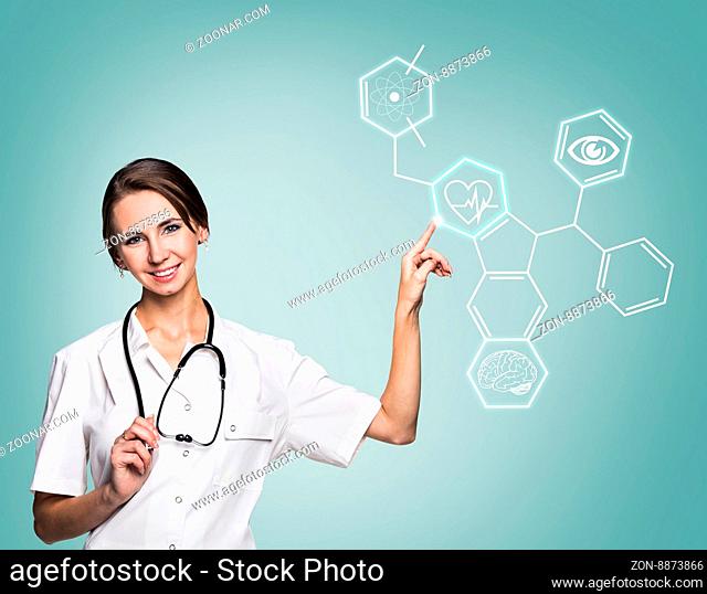 Young female doctor in uniform touch hexagon with icons over gray background