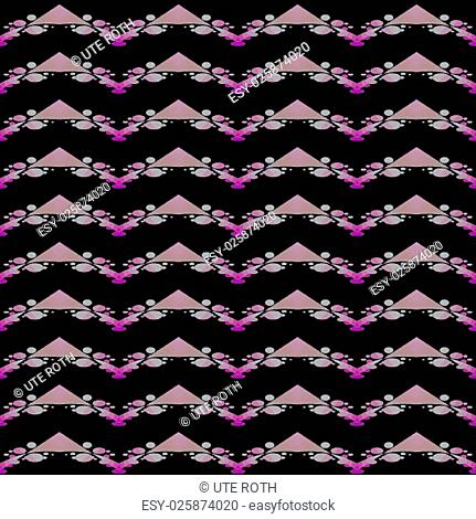 Abstract modern geometric background, seamless triangle and circles pattern in wavy lines in pink, violet and purple on black