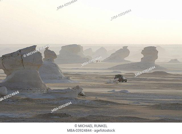 Egypt, Libyan desert, rock-formations, jeep, back light, Africa, desert-landscape, sand-desert, sand, rocks, rock-towers, vehicle, off-road vehicles, safari