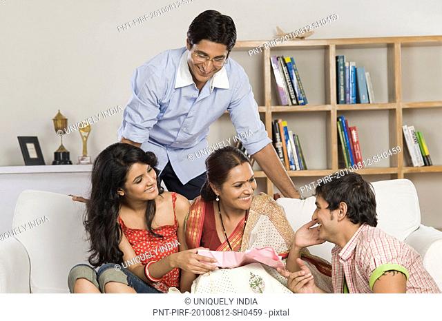 Happy family in a living room