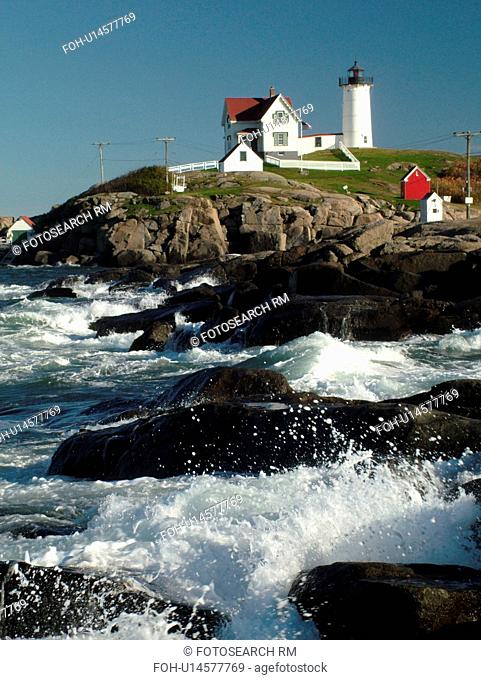 York Beach, ME, Maine, Cape Neddick Nubble Light, Lighthouse, waves crashing along the rocky coastline