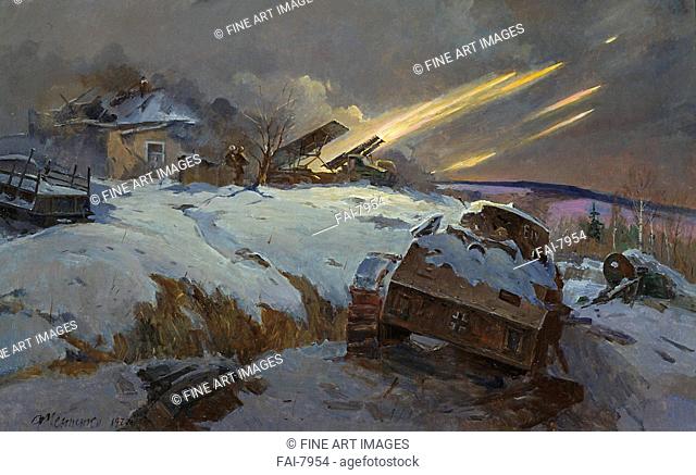 The Reply of of rocket artillery. Usypenko, Fyodor Pavlovich (1917-?). Oil on canvas. Soviet Art. 1948. State Central Military Museum, Moscow. 107x168