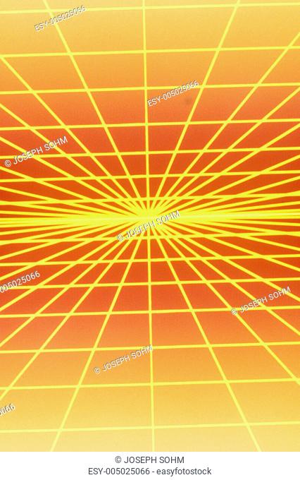 Space special effects of opposing grids of yellow laser light against an orange sky