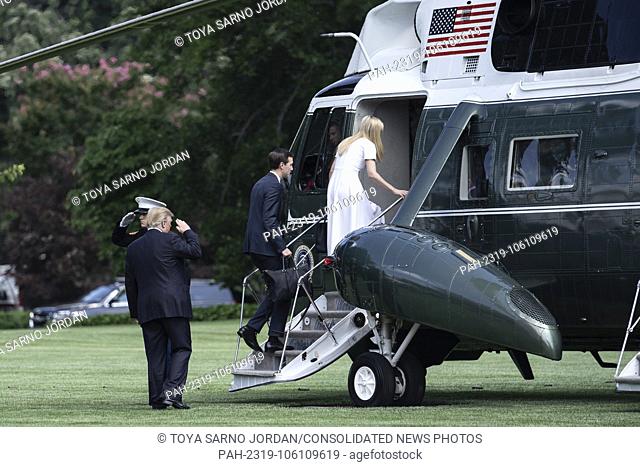 U.S. President Donald Trump salutes as White House senior advisor Jared Kushner and White House senior advisor Ivanka Trump board Marine One departing the South...