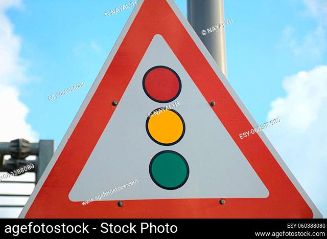 Traffic signals ahead. Signs giving warnings. Road signs in Israel