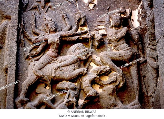 Stone carving at Ellora archeological site, Maharashtra, India Ellora is a World Heritage Site famous for its monumental caves The 35 'caves' – actually...