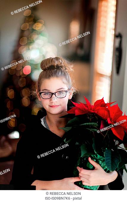 Girl holding christmas poinsettia in living room, portrait