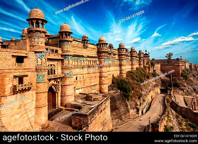 Famous indian landmark - Gwalior fort in daytime. Gwalior, Madhya Pradesh, India