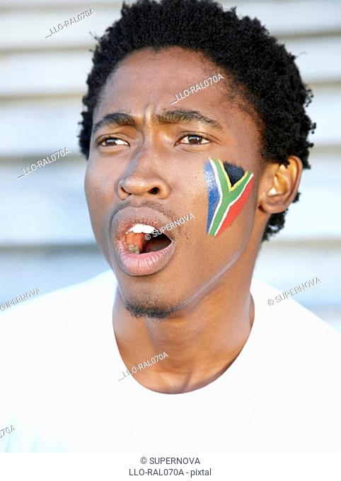 Sports fan with South African flag painted on his cheek. Cape Town, Western Cape Province, South Africa