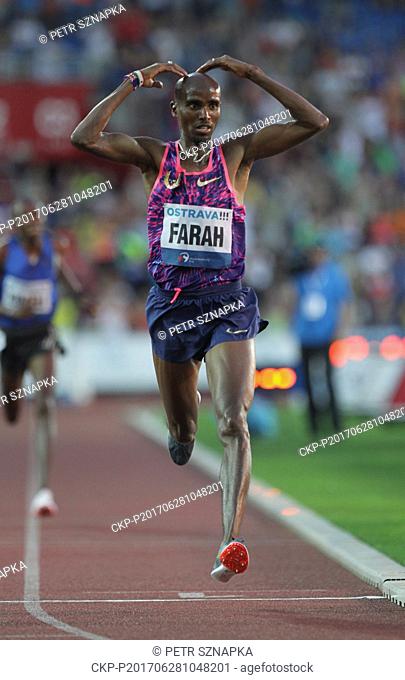 British athlete Mo Farah reacts after his win in the 10 000 metres race during the Golden Spike Ostrava athletic meeting in Ostrava, Czech Republic, on June 28