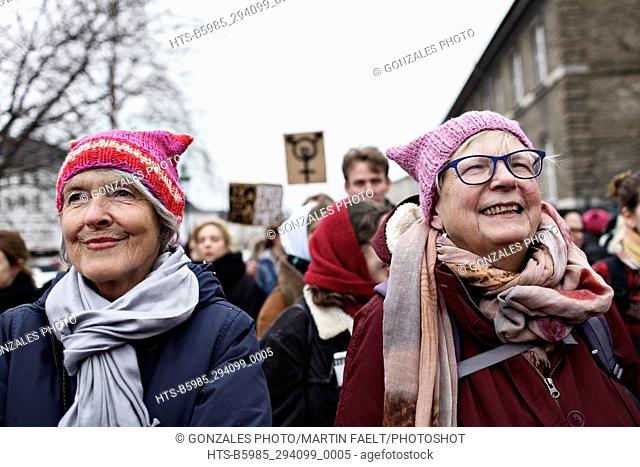 Denmark, Copenhagen, March 8th. 2017. Danish feminists take the street at the International Women's Day in Copenhagen and gather in front of the Deportment of...