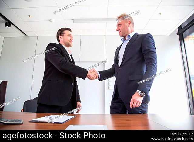 Business people in formal wear sign contract and shaking hands