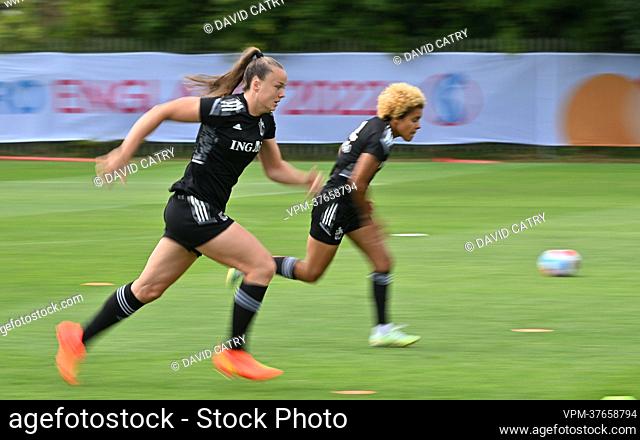 Belgium's Tine De Caigny and Belgium's Kassandra Missipo pictured in action during a training session of Belgium's national women's soccer team the Red Flames