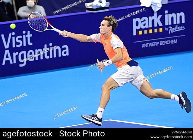 Belgian Michael Geerts pictured in action during a qualification game between Italian Salvatore Caruso and Belgian Michael Geerts of the European Open Tennis...