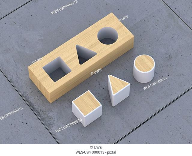Geometric forms lying on concrete flooring, 3D Rendering