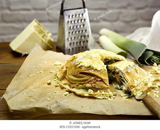 A pancake dome with Caerphilly cheese and leeks (Wales)
