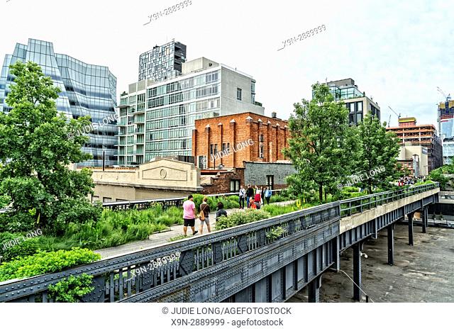 New York City, Manhattan, Overlooking the High LIne, People Walking, View to West in Background