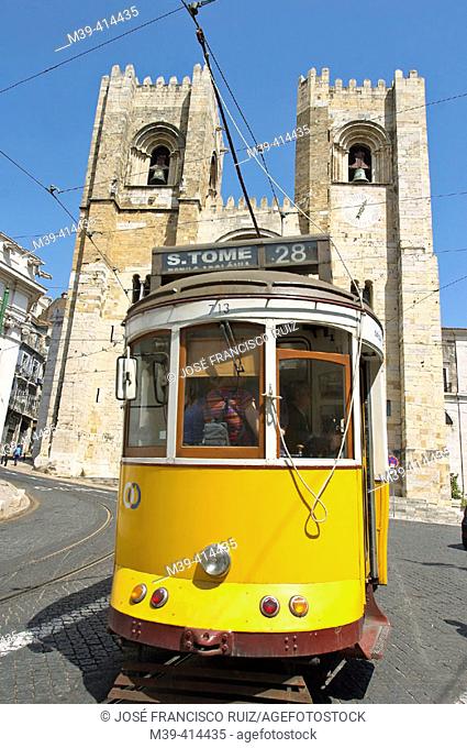 Tram and Sé cathedral in background, Lisbon. Portugal