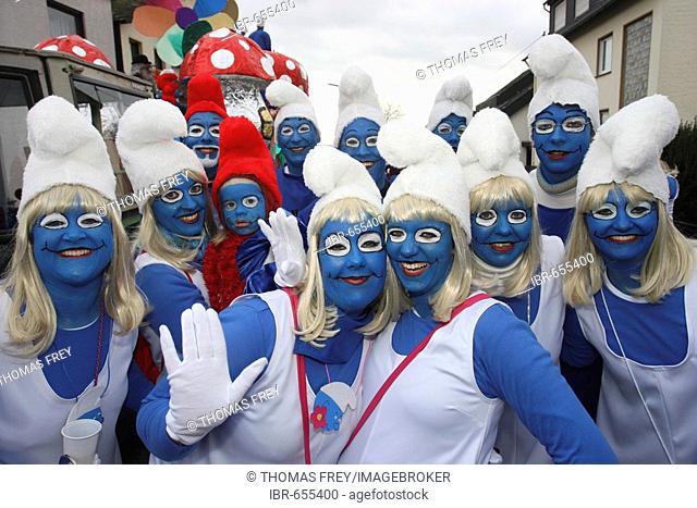 Mardi Gras parade in Muelheim-Kaerlich, Rhineland-Palatinate, germany: smurfs